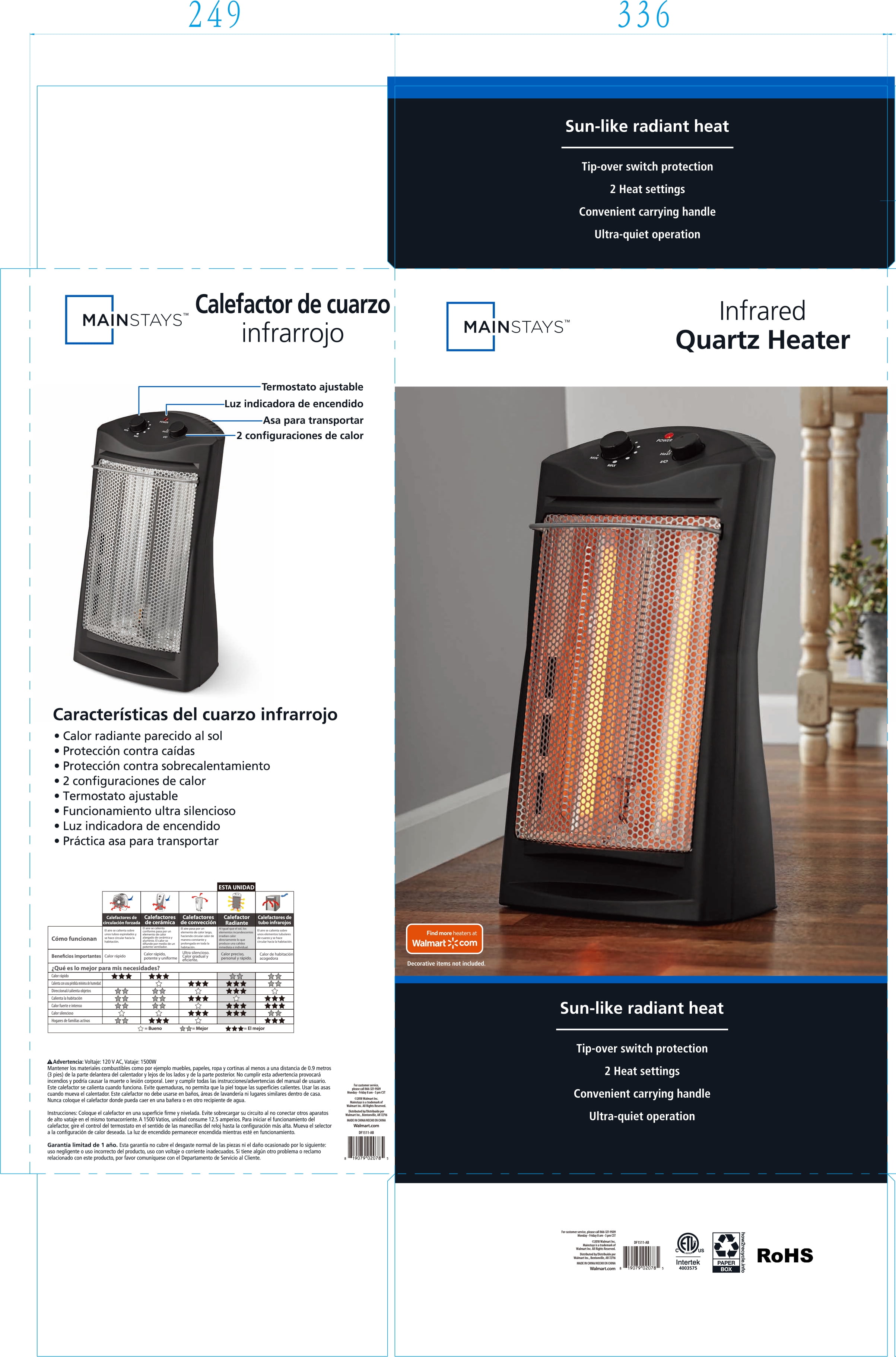 Mainstays Radiant Quartz Space Heater, Black, DF1511-AB - Walmart.com