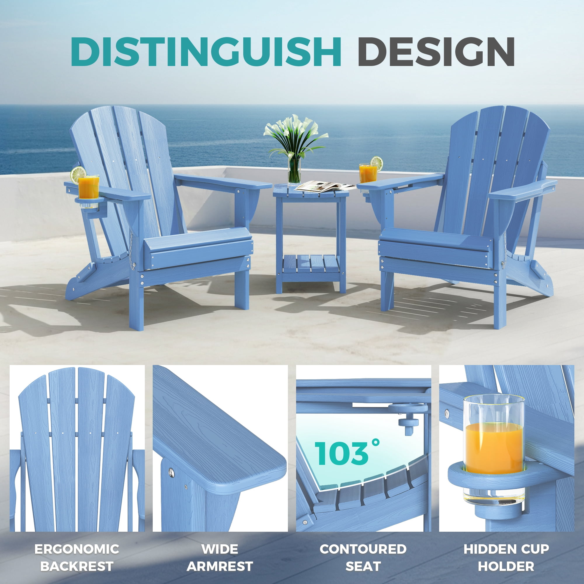 Adirondack Chairs Set of 4, Folding HDPE Fire Pit Garden Lawn Chairs, Blue