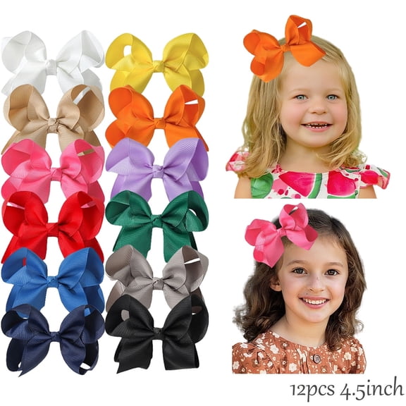 JoyBowie 12pcs 4.5inch Multi-Color Ribbon Hair Bows for Girls Daily Party School Hairstyling