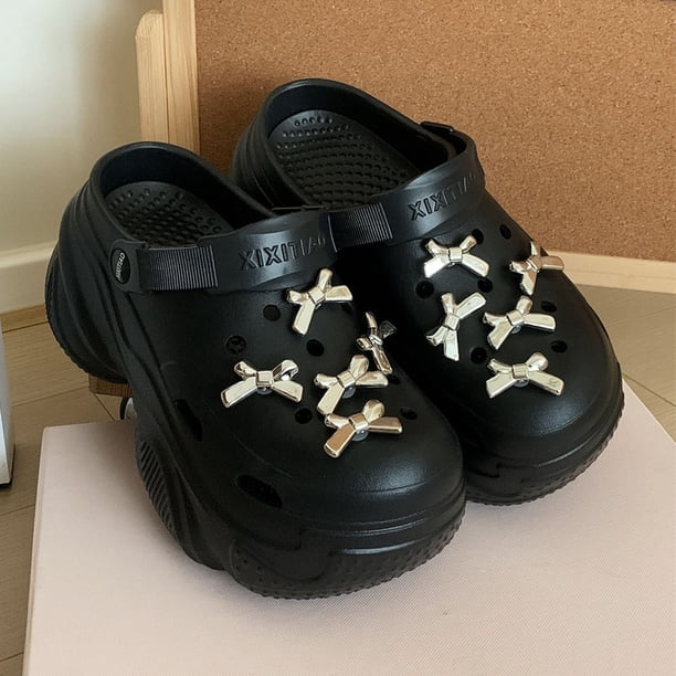 Sandalias de mujer con suela gruesa y agujeros de 7 cm de grosor, sandalias de playa con lazo de verano para mujer, zapatos de tacón alto con agujeros en la cueva para playa y jardín