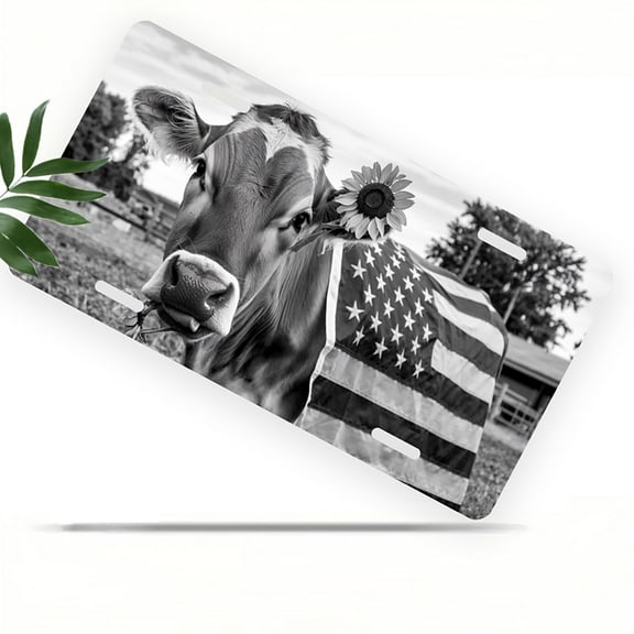 License Plate, Patriotic Cow with Flower Decorative Front,Personalized Stainless Steel License Plate Cover For Men Women,12.2" X 6.2"