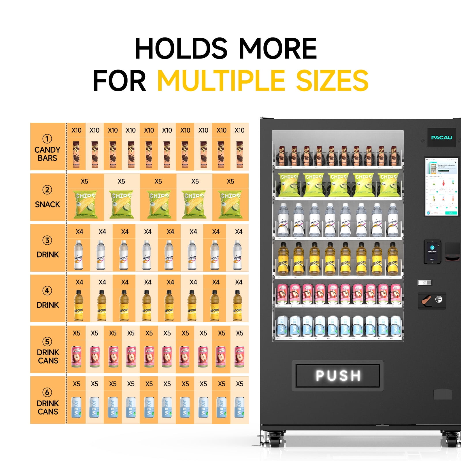Smart Vending Machine, 60 Slot Snack and Drink Combo with Remote App Monitoring, Cashless Payment (Bill/Coin/Card Reader), Large Capacity Commercial Vending Machine for Office, Gym, Apartment