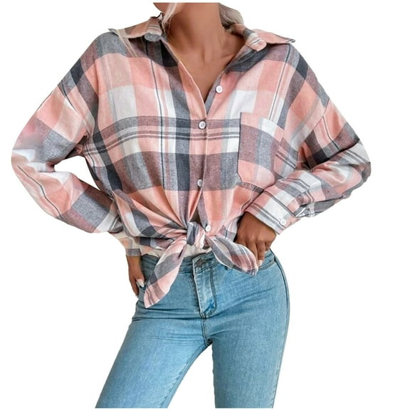 YYDGH Long Sleeve Button Down Shirt for Womens Plaid Shirt Long Sleeve Collar Blouses Tops with Pocket Pink S