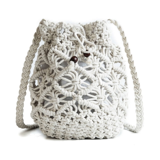 LNGOOR Handmades Knitting Bags For Wonmen Fashion Cotton Thread Bucket Bag With Drawstring Portable Shoulder Bag Summer Beach Purses