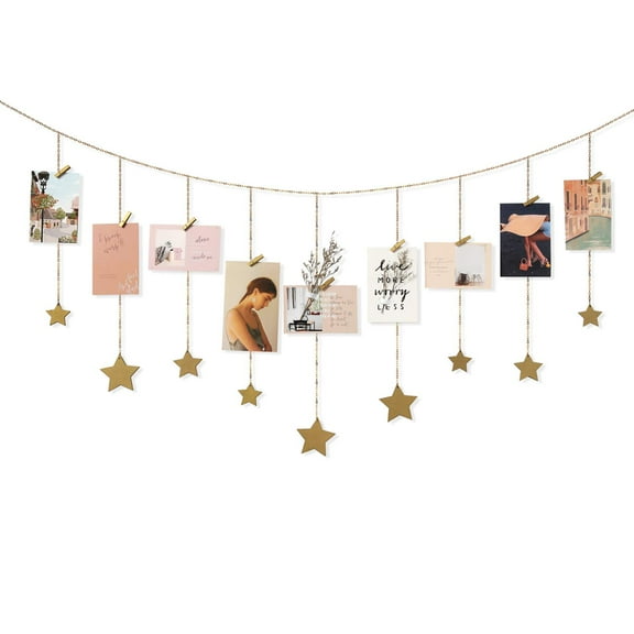 Ksopiavobs Hanging Photo Display Boho Decor Wooden Stars Garland with Metal Chains Picture Frame Collage with 25 Wood Clips Teen Girl Room Christmas Wall Art for Bedroom Nursery Dorm Home, Gold