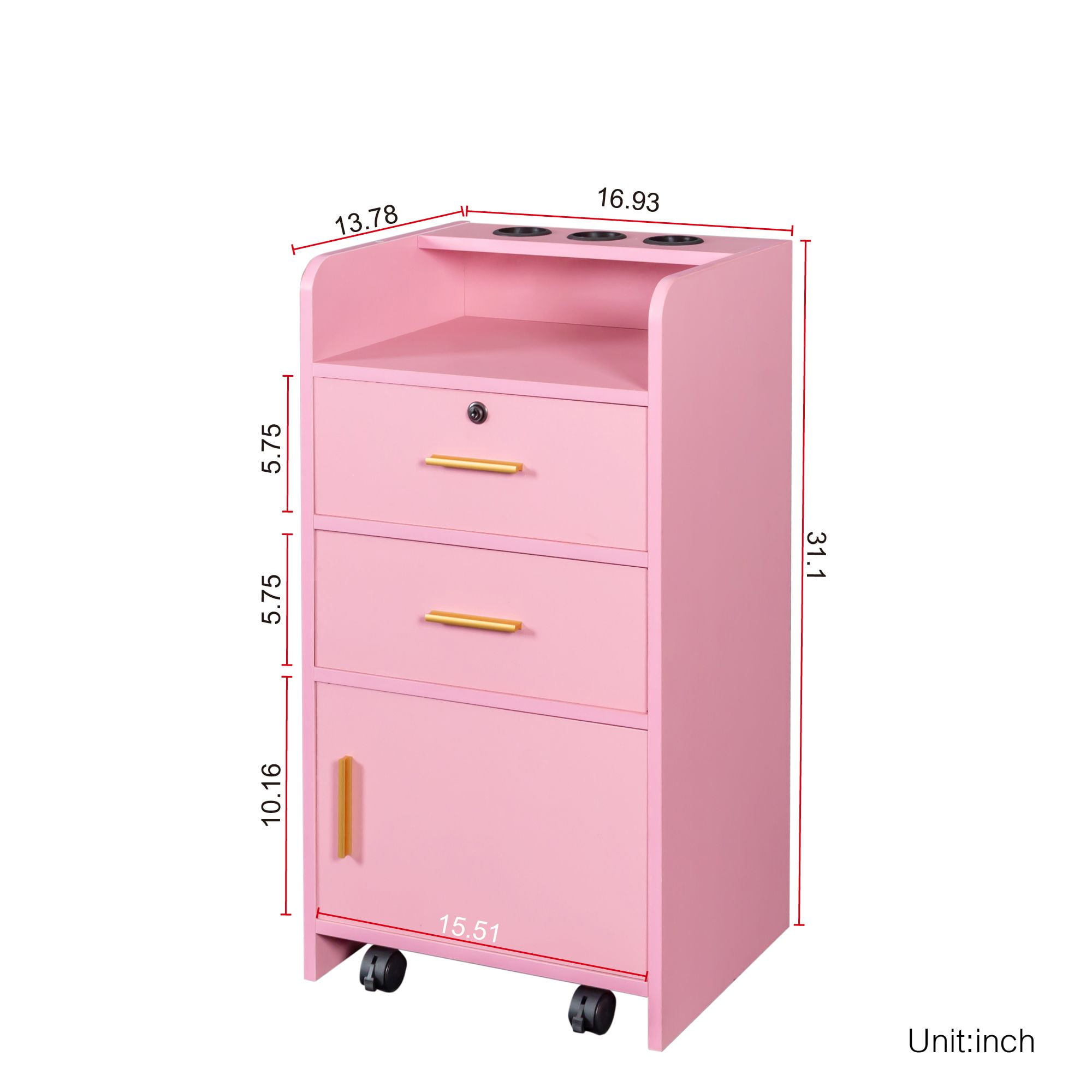 Aukfa Locking Salon Storage Cabinet for Hair Stylist with 2 Drawer - Pink