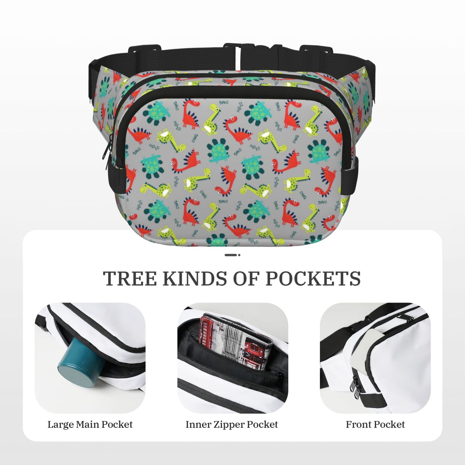 Picia Cute Dinosaur Print Square Double-Layer Waist Bag Mini Adjustable Waist Belt Bag Exercise Running Travel Hiking