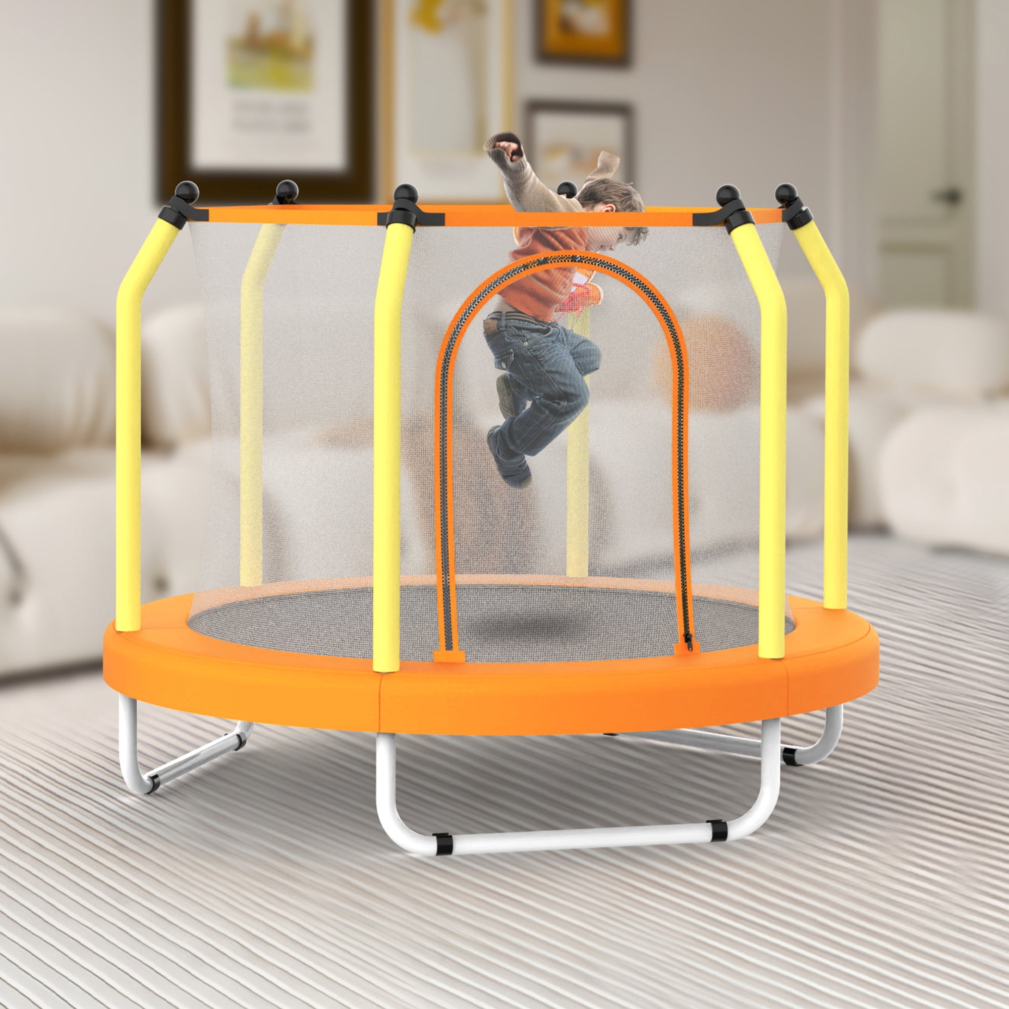 Leumius 55inch Trampoline for Kids, Outdoor Mini Trampoline with Enclosure and Basketball Hoop, Yellow