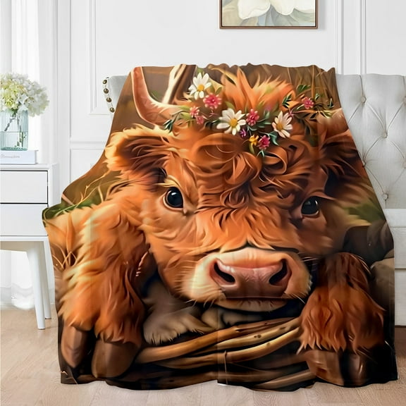 [Modern Highland Cow Print Flannel] 1pc Modern Warm Highland Cow Print Flannel Blanket - All Seasons Multipurpose Blanket for Room Decor, Sofa, Travel, and Nap - Great Gift for Family and Friends