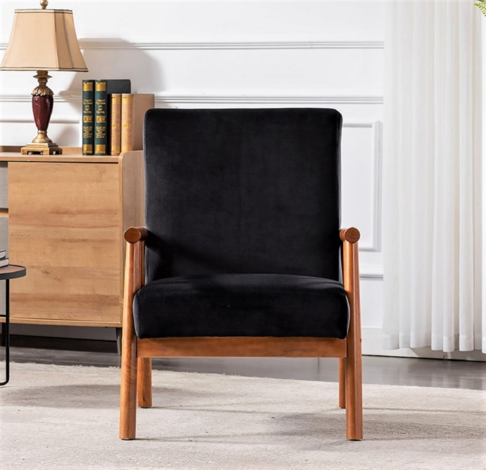 Mid Century Modern Accent Chair, 25" Wide Upholstered Armchair with Solid Wood Frame, Padded Seat & Arms, Black Velvet Lounge Chair for Living Room & Bedroom, Black