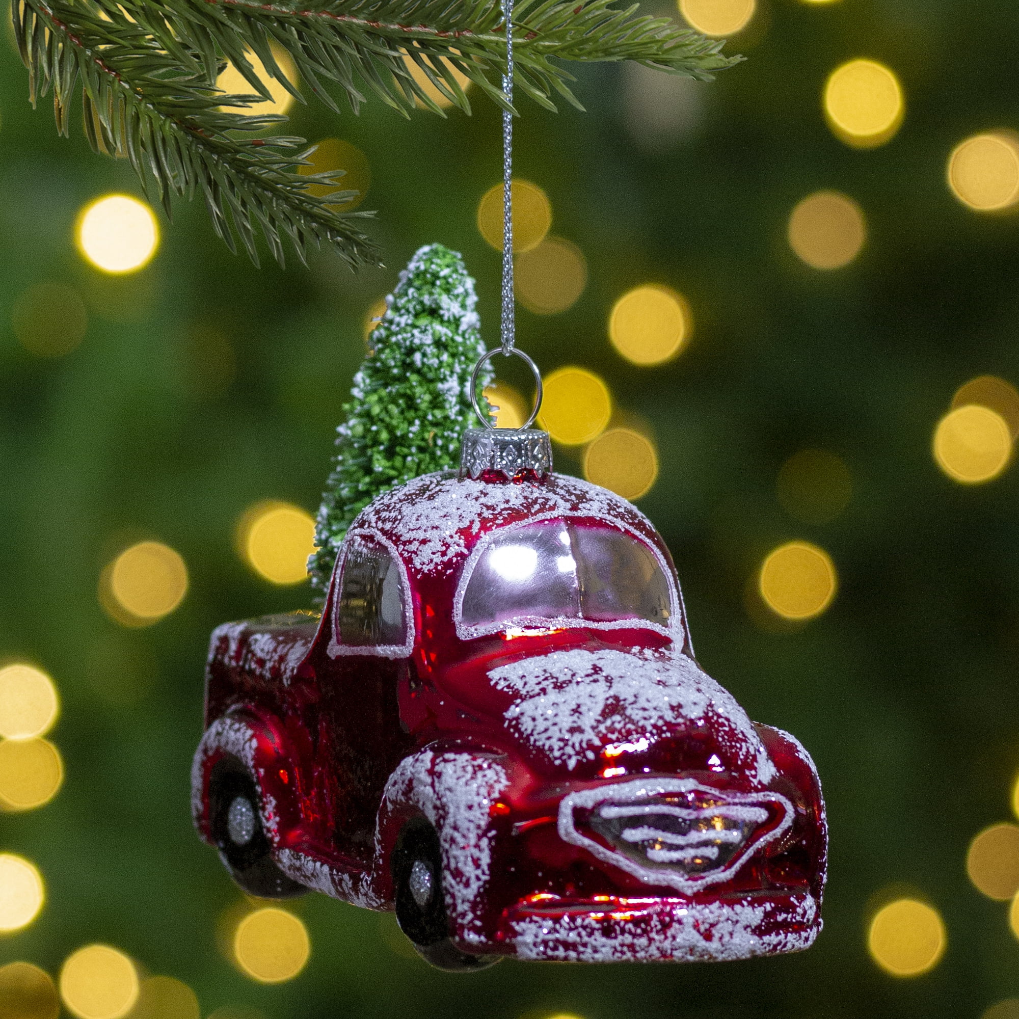 4.25" Frosted Shiny Red Pickup Truck with Flocked Christmas Tree Glass