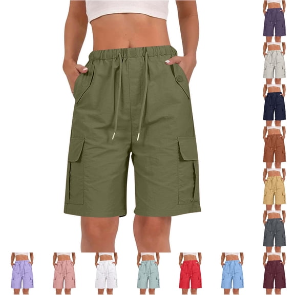 Gyujnb Women Cargo Bermuda Shorts Elastic Drawstring Waist Multi‑Pocket Loose Solid Color Casual Summer Shorts,Green1