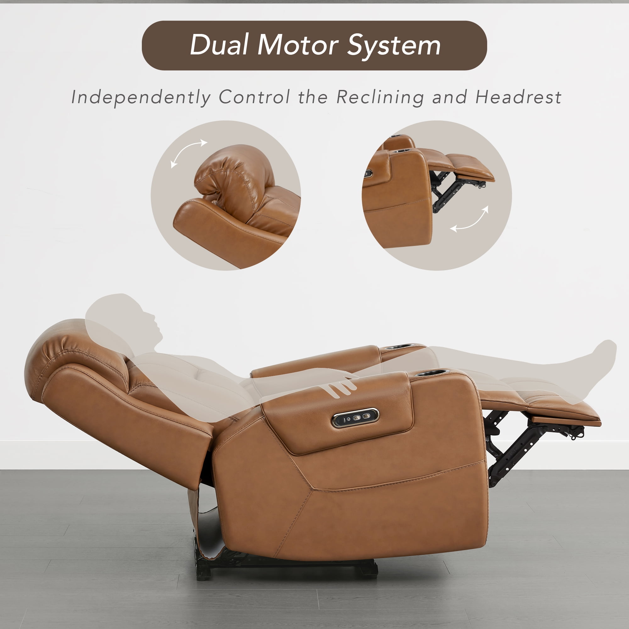 Spruce & Spring Lay-Flat Genuine Leather Power Recliner Chair with Headrest, Saddle