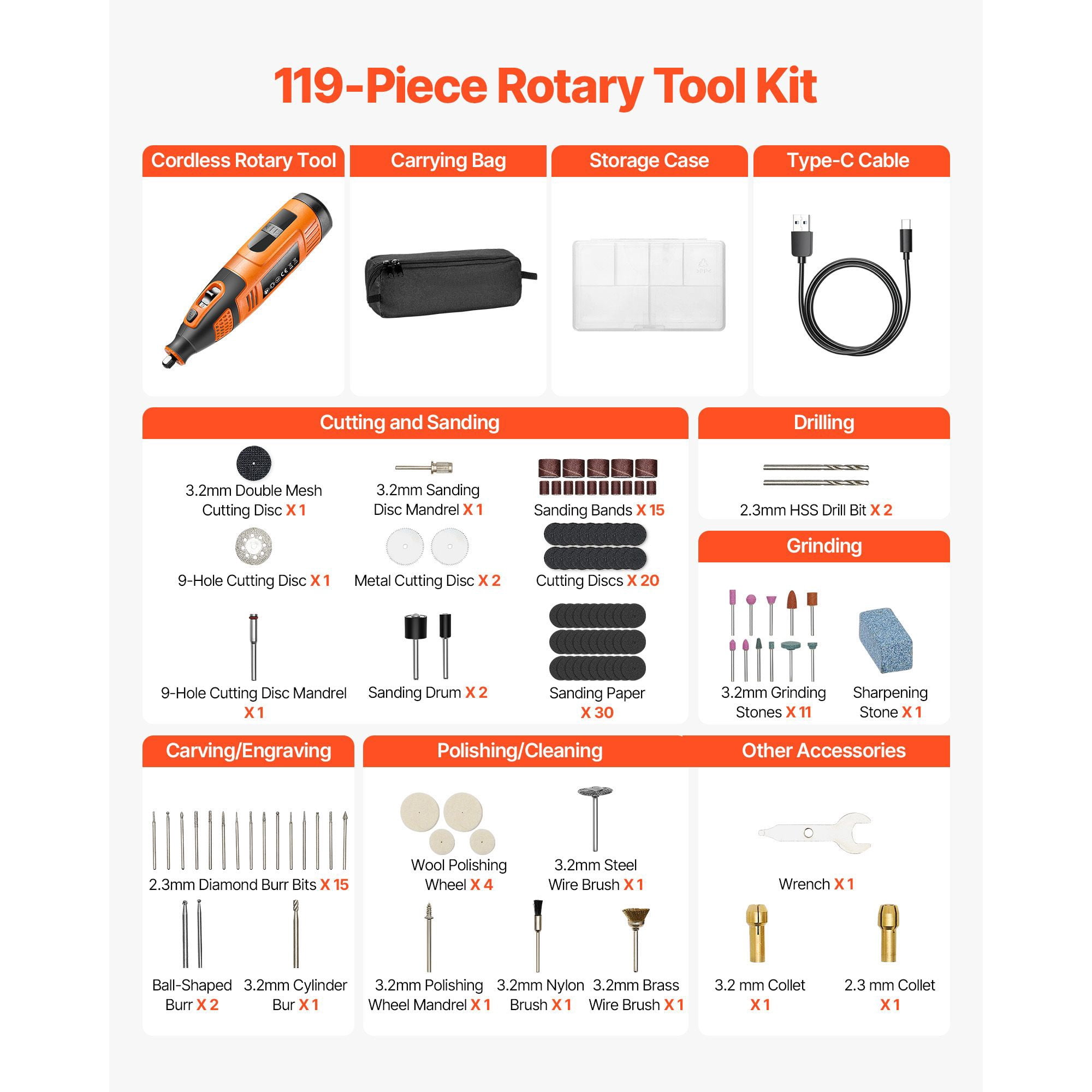 Cordless Rotary Tool Kit 119-Piece, DC12V with 28 Speeds 5000-32000 RPM, 2500mAh Battery, Digital Display, Type-C Charging for DIY Cutting Sanding Drilling