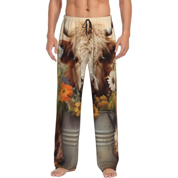 Vsdgher Bucket Flower Cow Print Mens Pajama Pants Sleep & Lounge Pants, PJ Bottoms With elastic waistb and Pockets
