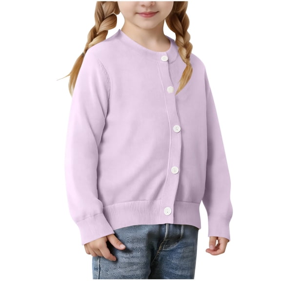 Girls Purple Cardigan | Cotton Button Down Long Sleeve Sweater for Kids Kids, Soft Crewneck Knit Top with Ribbed Cuffs,Size 3-4 T