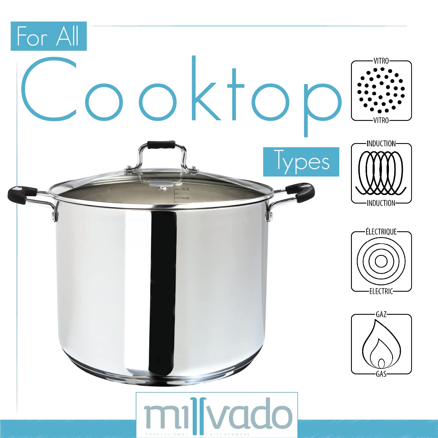 Millvado Stock Pot, Large Stainless Steel 17 Quart StockPot, Large Cooking Pot, Clear Glass Lid and Measurement Markings, Steam Hole, Induction, Gas, Electric Compatible Big Boiling Pot - image 3 of 7