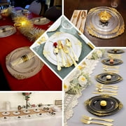 Efavormart 10 Pack | White/Silver Baroque 8 Round Plastic Dessert Salad Plates, Disposable Tableware with Leaf Embossed Gold Rim