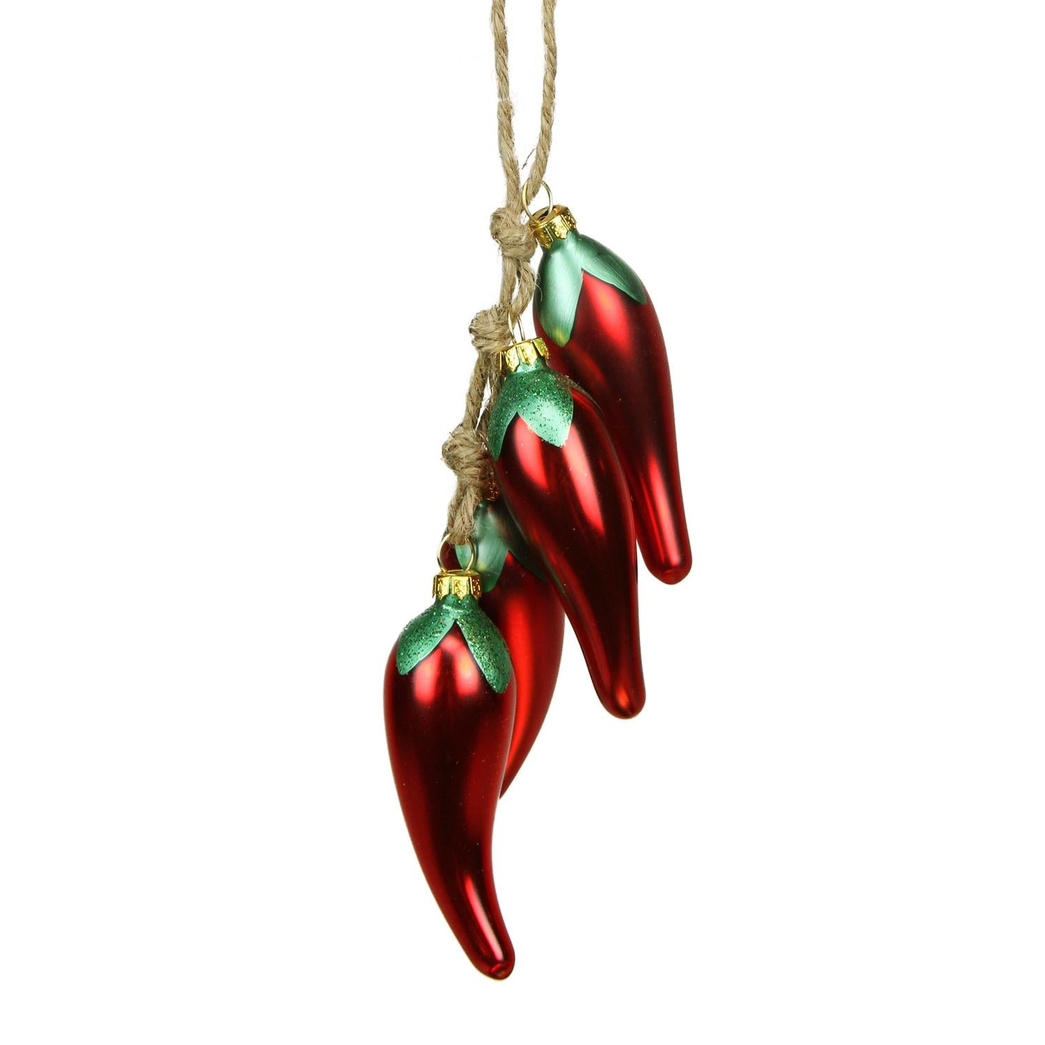 6 Red Chili Peppers On Twine Glass Christmas Hanging Ornament