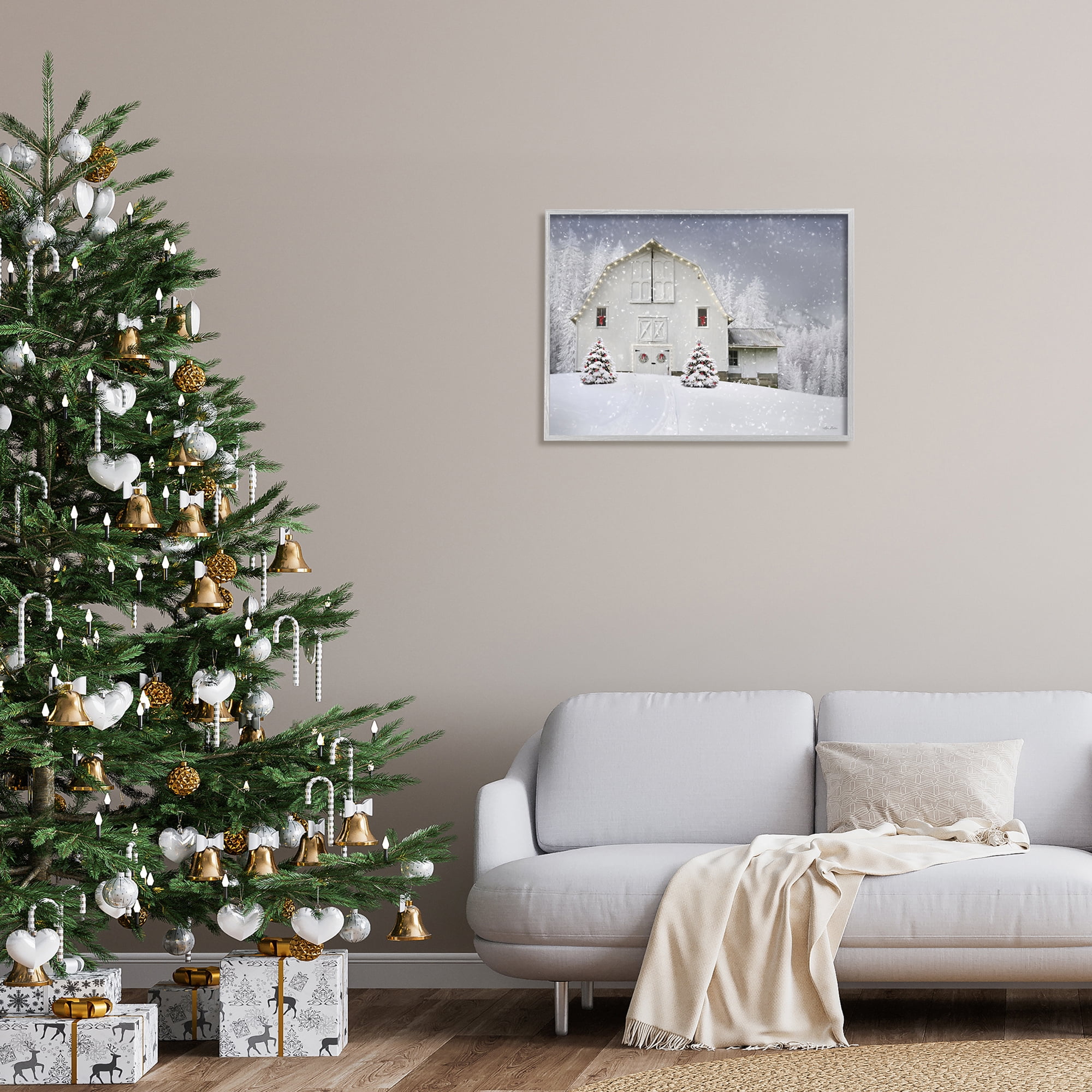 White Winter Snowfield Barn Cozy Christmas Scenery Landscape Painting Framed Art Print Wall Art