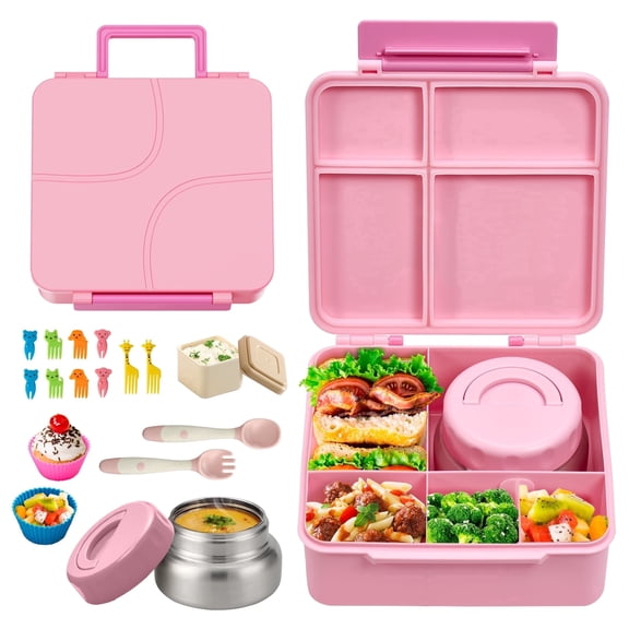JSLOVE 4-Compartment Kids Bento Lunch Box with Insulated Food Jar, Leak-Proof, Pink