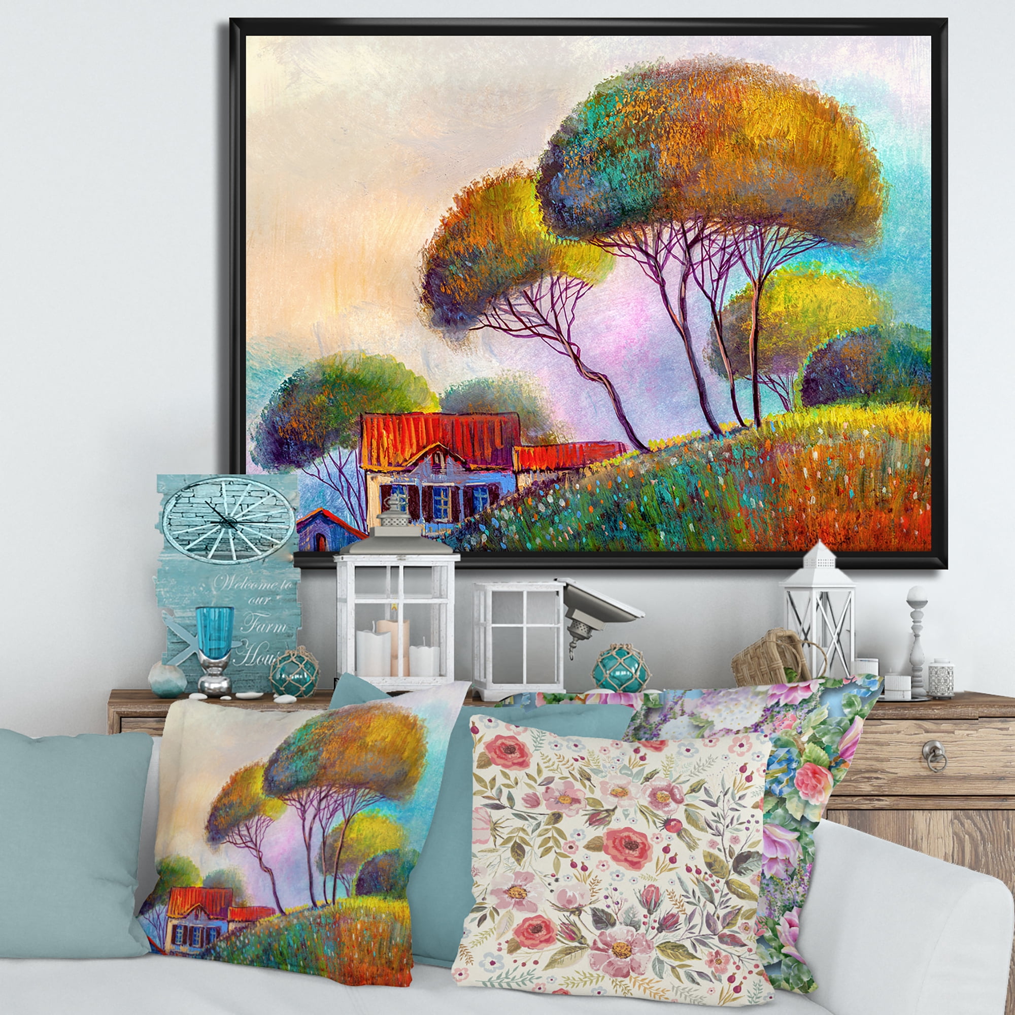 Designart 'Beautiful Village House On A Hot Summer Day' Modern Framed Canvas Wall Art Print