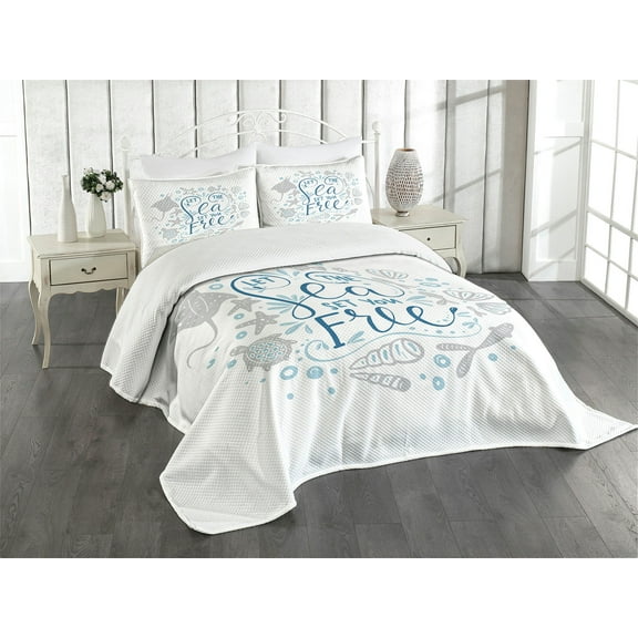 Ambesonne Nautical Quilted Bedspread Set 3 Pcs, Marine Words with Fish, Queen Size, Pale Blue Navy Blue