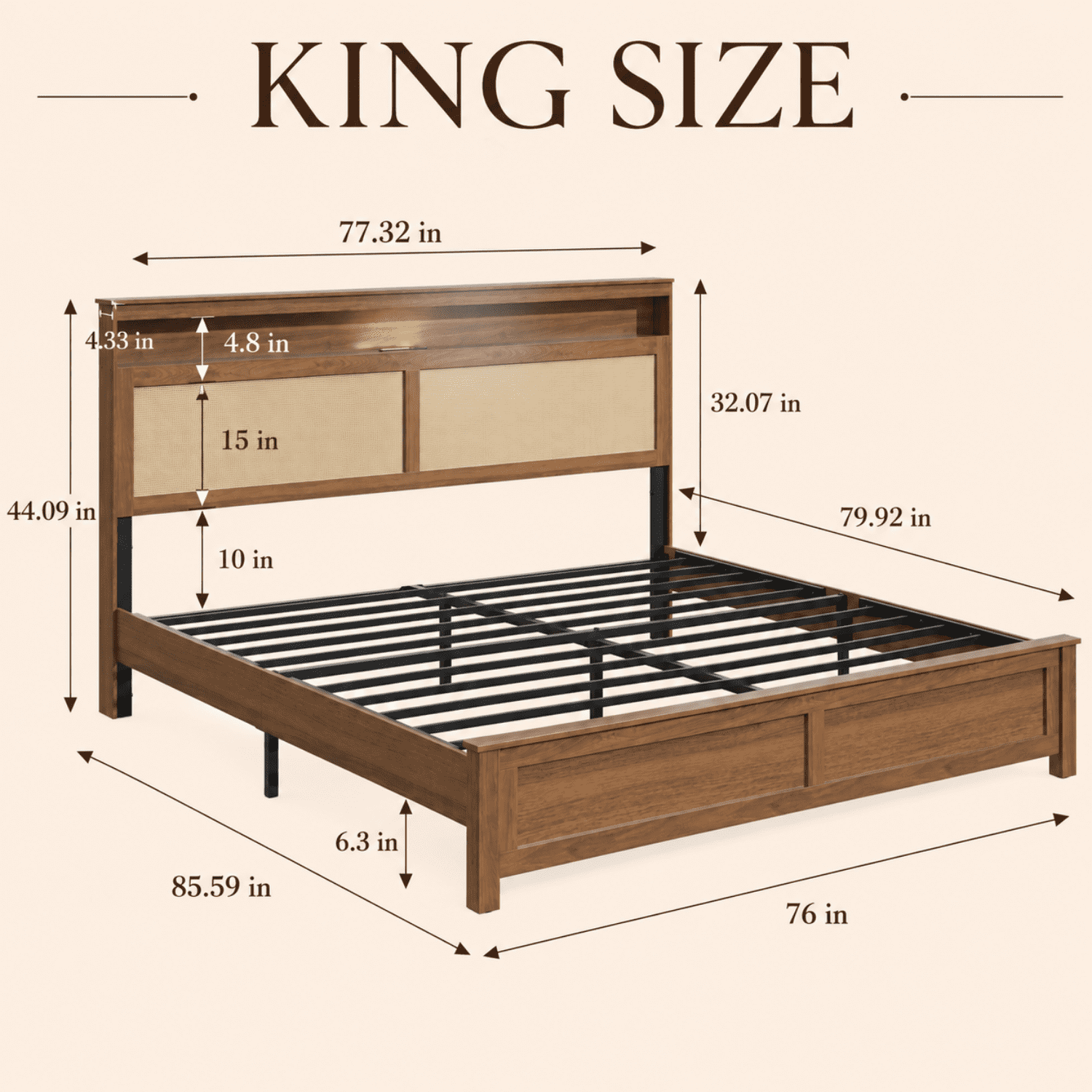 Miniyam King Bed Frame with Storage Headboard, LED Light and Charging Station, Cane-Inspired Platform Bed, Brown