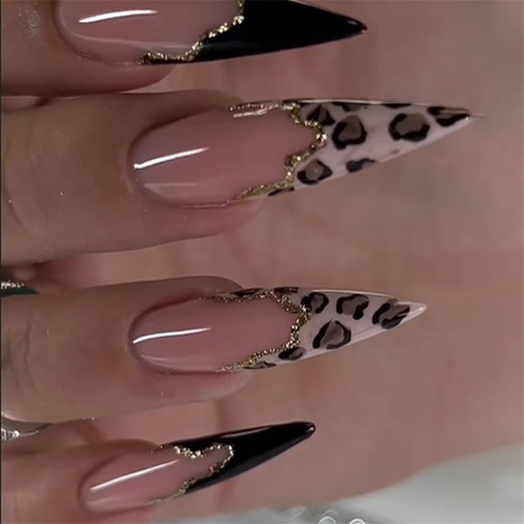 24Pcs Leopards Glossy False Nails Long Winter Artificial Nails Full Covers on Nails Easy To Apply