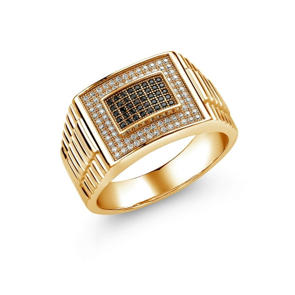 Gem Stone King 18K Yellow Gold Plated Silver White Moissanite and Black Spinel Ring for Men (0.68 Cttw, Gemstone, Round, Size 13)