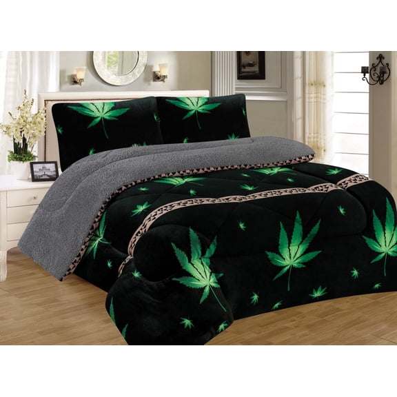 3-Piece Green Leaf Design Raschel Borrego Blanket Set with Sherpa Lining - Double Ply, Super Soft, Warm, Thick, and Heavy Duty Plush Blanket with 2 Pillow Shams,(7lb, 82.7x90 inches),King