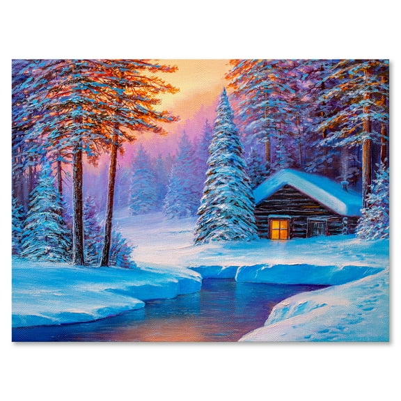 Old Cabin In Winter Forest In Evening Glow I 12 in x 8 in Painting Canvas Art Print, by Designart