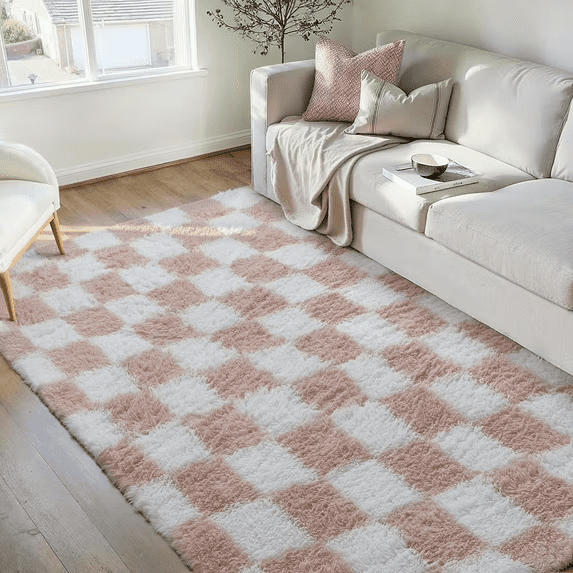BERTHMEER 6'x9' Shag Area Rugs for Living Room Bedroom Contemporary Fuzzy Geometric Modern Fluffy Plush Indoor Rugs Carpets，Pink White
