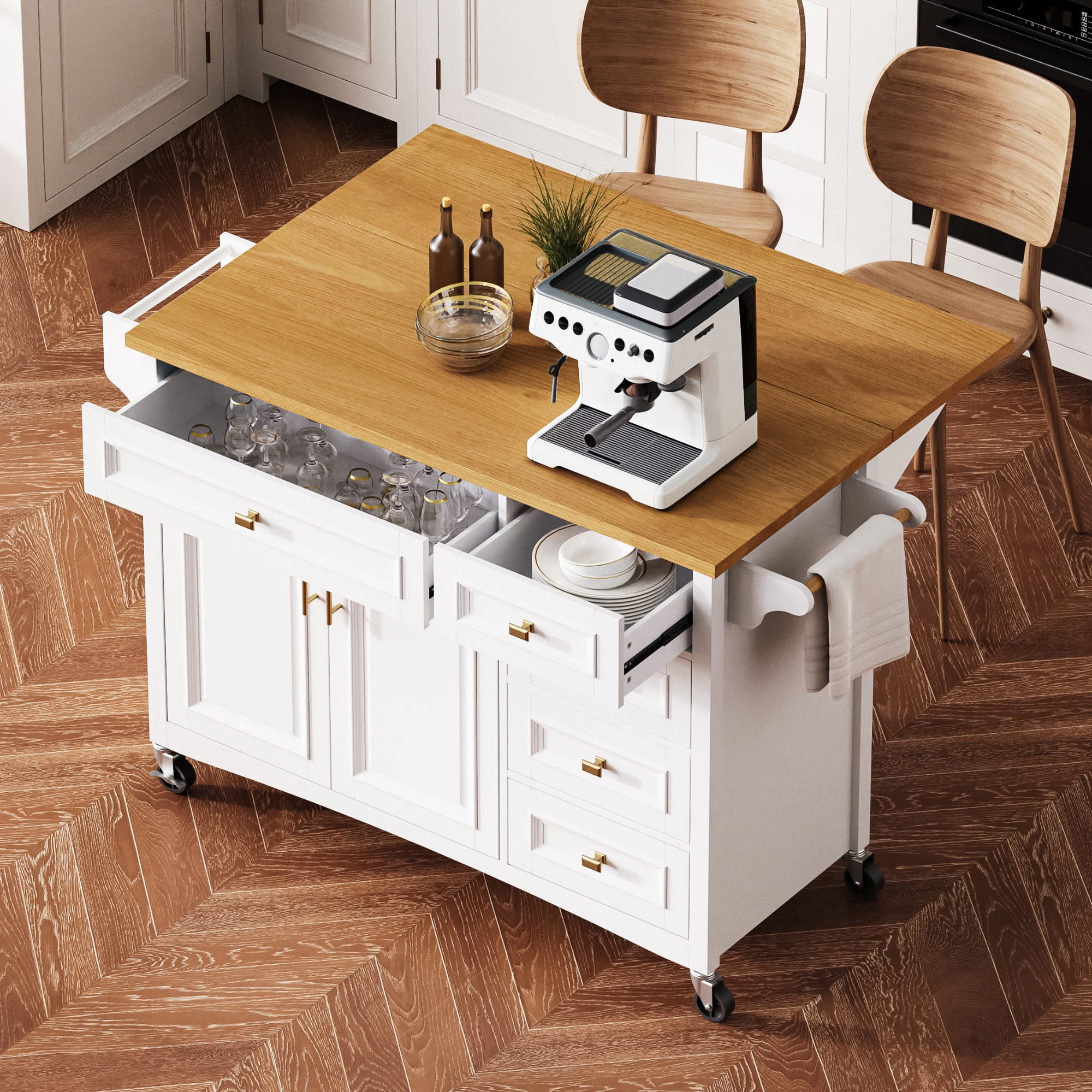 AENKYO 52'' Kitchen Island with Drop Leaf, Embossed Texture Kitchen Cart on Wheels with Spice Rack, Towel Rack, 2 Doors and 5 Drawers,Adjustable Shelf for Kitchen,White