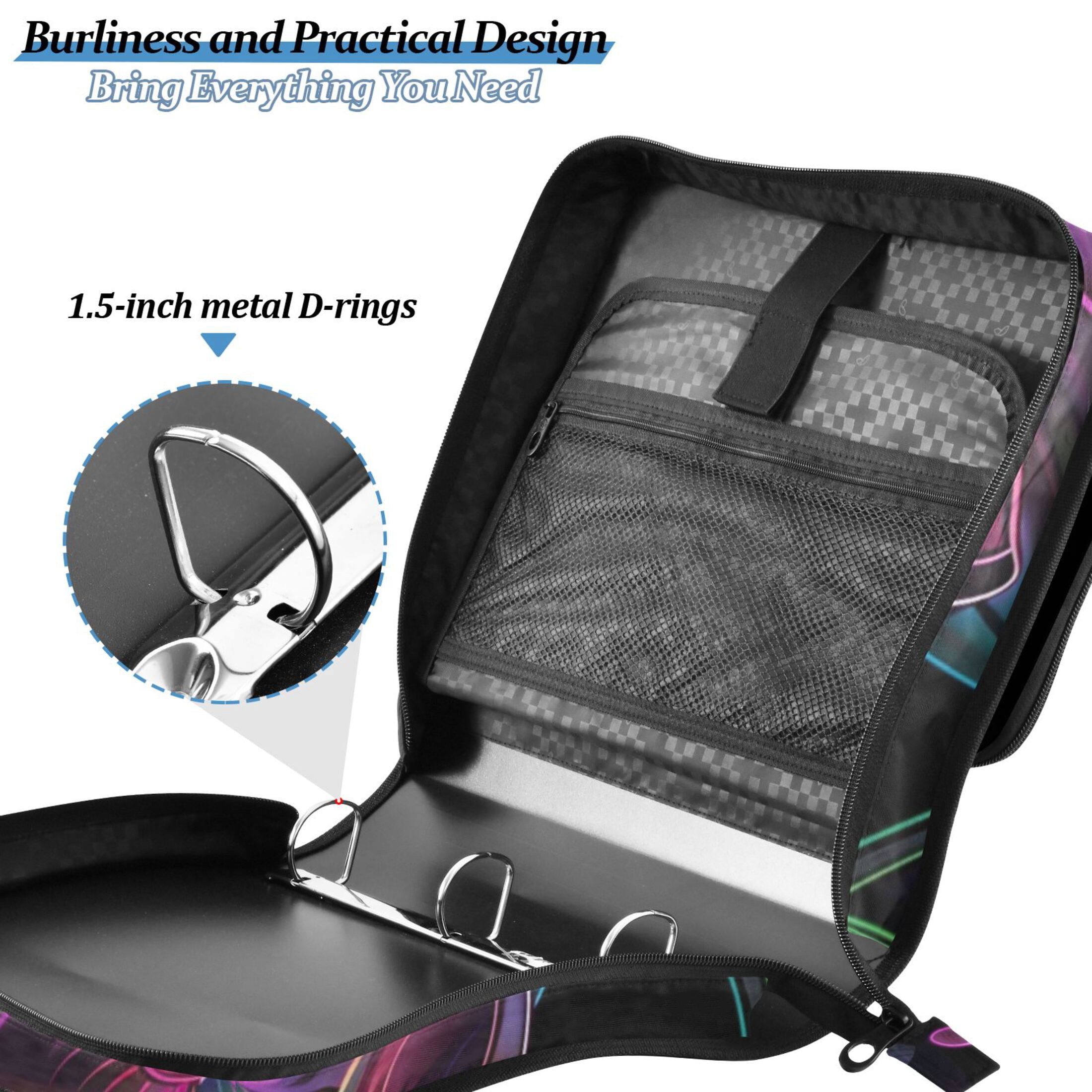 3 Ring Zipper Binder with Shoulder Strap Waterproof Trapper Keeper 2 Inch D-Ring 500 Sheets Capacity Neon Flowers