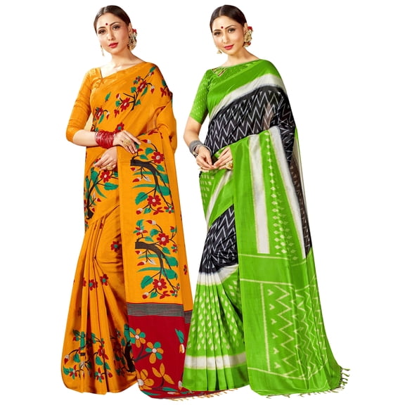 Pack of Two Sarees for Women Mysore Art Silk Printed Indian Wedding Saree | Diwali Gift Ethnic Sari Combo