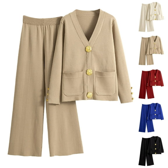 Dazajoo Women's 2 Piece Outfits Sweater Set Button V Neck Knit Cardigan Sweaters and High Waisted Wide Leg Pants Lounge Sets,Beige,Free Size