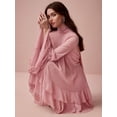 thumbnail image 6 of Pink Solid Layered Stand Collar Flowy Long Sleeve Ruffle Mini Dress, 6 of 7
