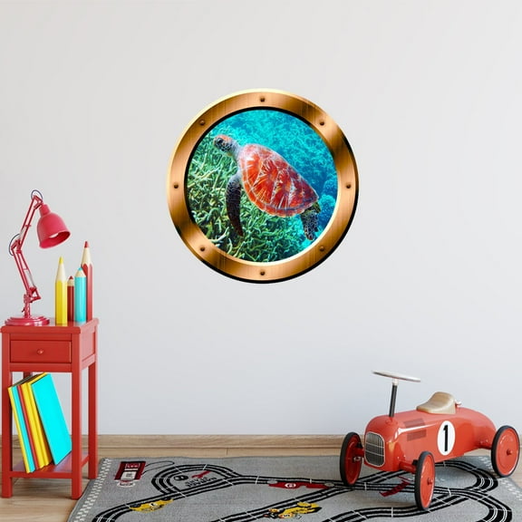 VWAQ 1 Sea Turtle Porthole 3D Sticker Turtle Wall Decal Decor - BP31 (24" Diameter)