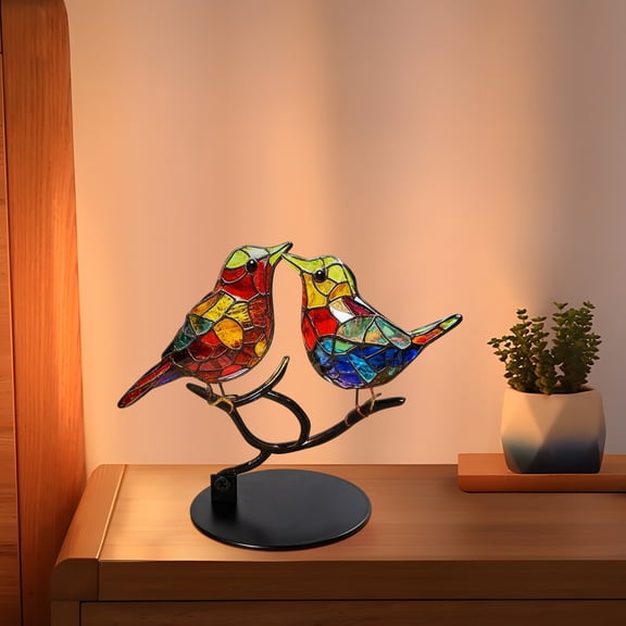 Colorful Stained Glass Metal Birds Ornament, Five Bird Branch Desktop Decor, Handcrafted Copper Art Sculpture for Home Office Shelf Display
