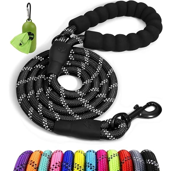 Eryueer Rope Dog Leash 6 FT with Comfortable Padded Handle, Highly Reflective Threads Leash and Anti-Tangle Clip for Walking Medium Large Dogs, 1/2 inch, Black