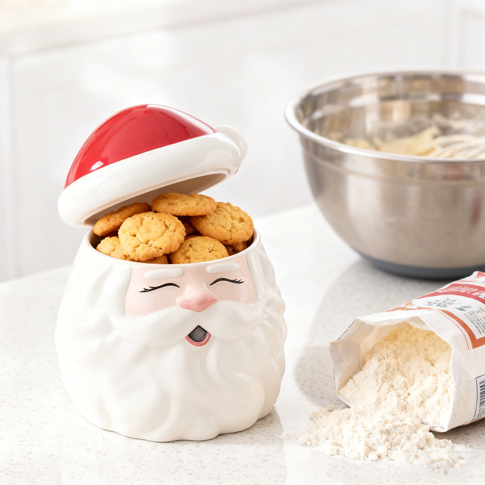 Kumdkd Santa Cookies Jar 9.4-Inch Tall Food Storage Container with Airtight Lid, Christmas Themed Santa Claus Resin Cookie Canister for Kitchen Counter, Holiday Decoration and Gift Idea