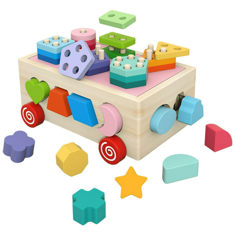 Wooden Shape Sorter Toy ,with Colorful Geometric Shape Blocks, Sorting Box  Developmental Learning Matching for Baby children age 3+ 