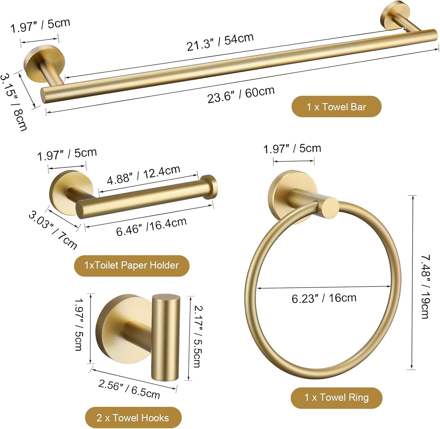 Brushed Gold 5 Piece Bathroom Hardware Set, SUS304 Stainless Steel 24 Inch Bath Towel Bar Set, Round Bathroom Accessories Kit Wall Mounted
