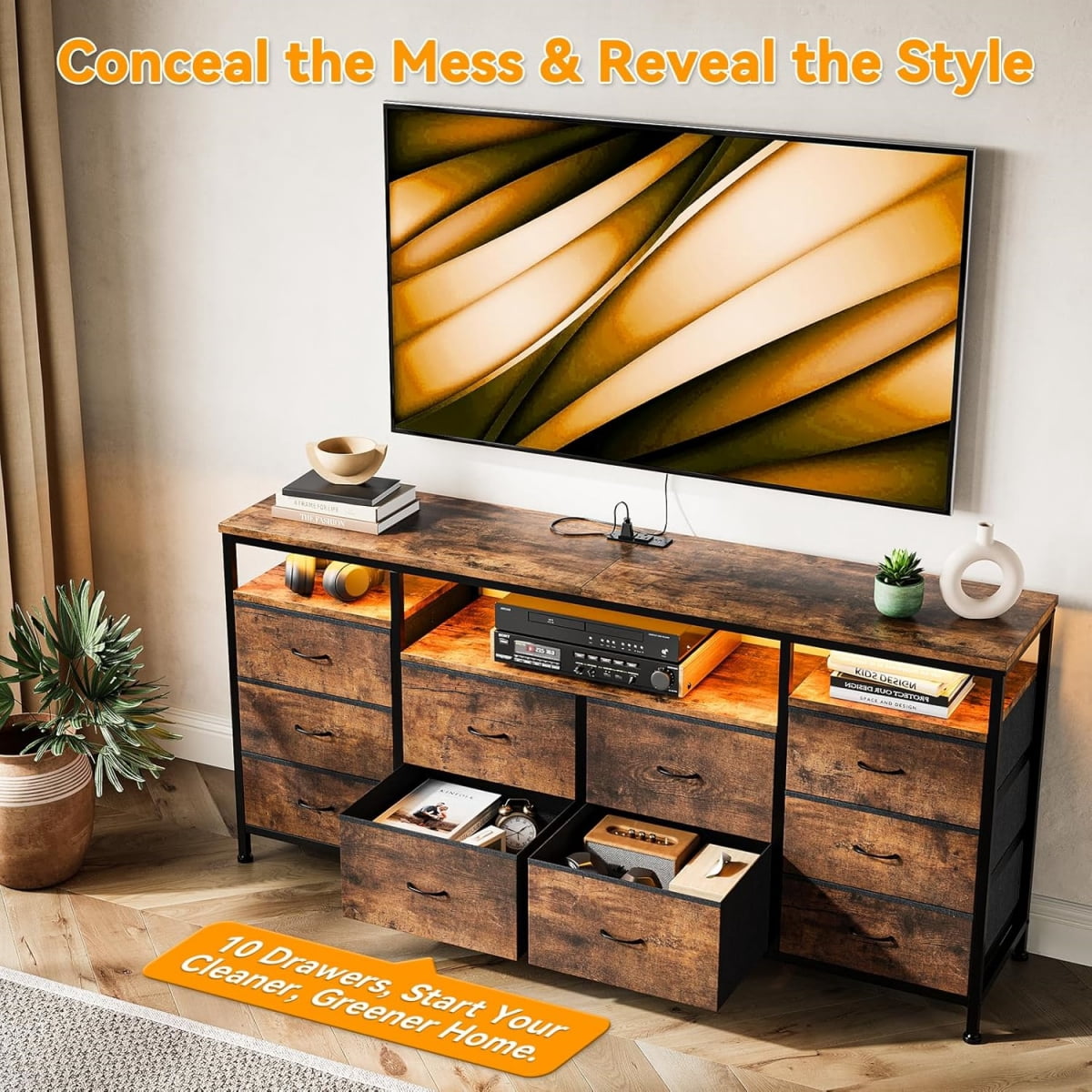 10 Drawer Dresser for Bedroom, 63.3 Inch TV Stand with LED & Power Outlets, Fabric Chest of Drawers for Closet, Living Room, Brown