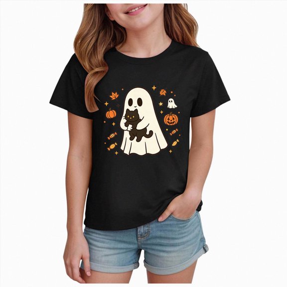 NOLDARES Toddler Baby Girl Halloween Shirt Cute Ghost Pumpkin T-Shirt for Kids Short Sleeve Tee Fall Tops(Black,1-2 Years)