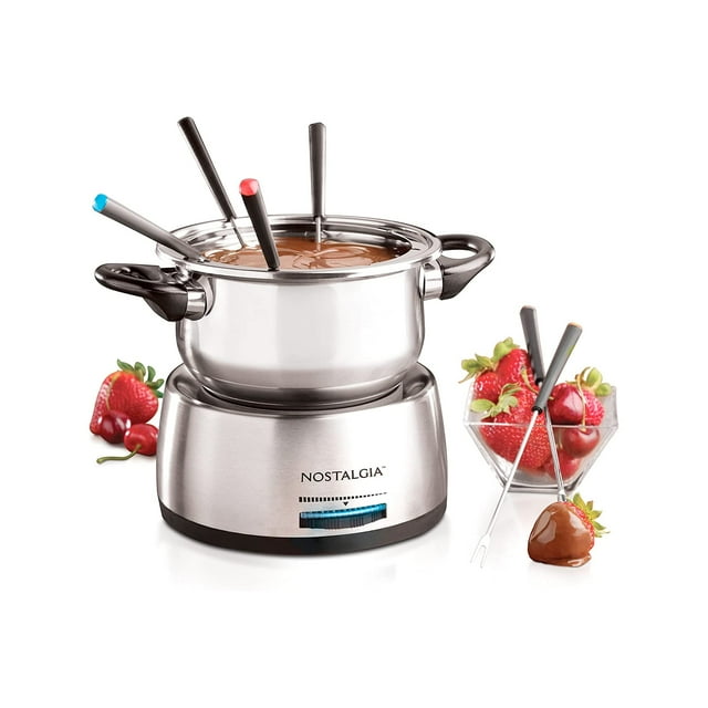 Juego de fondue eléctrica Nostalgia de 6 tazas para queso y chocolate - 6 tenedores con código de colores, control de temperatura - Aparatos y electrodomésticos de cocina de acero inoxidable para entr