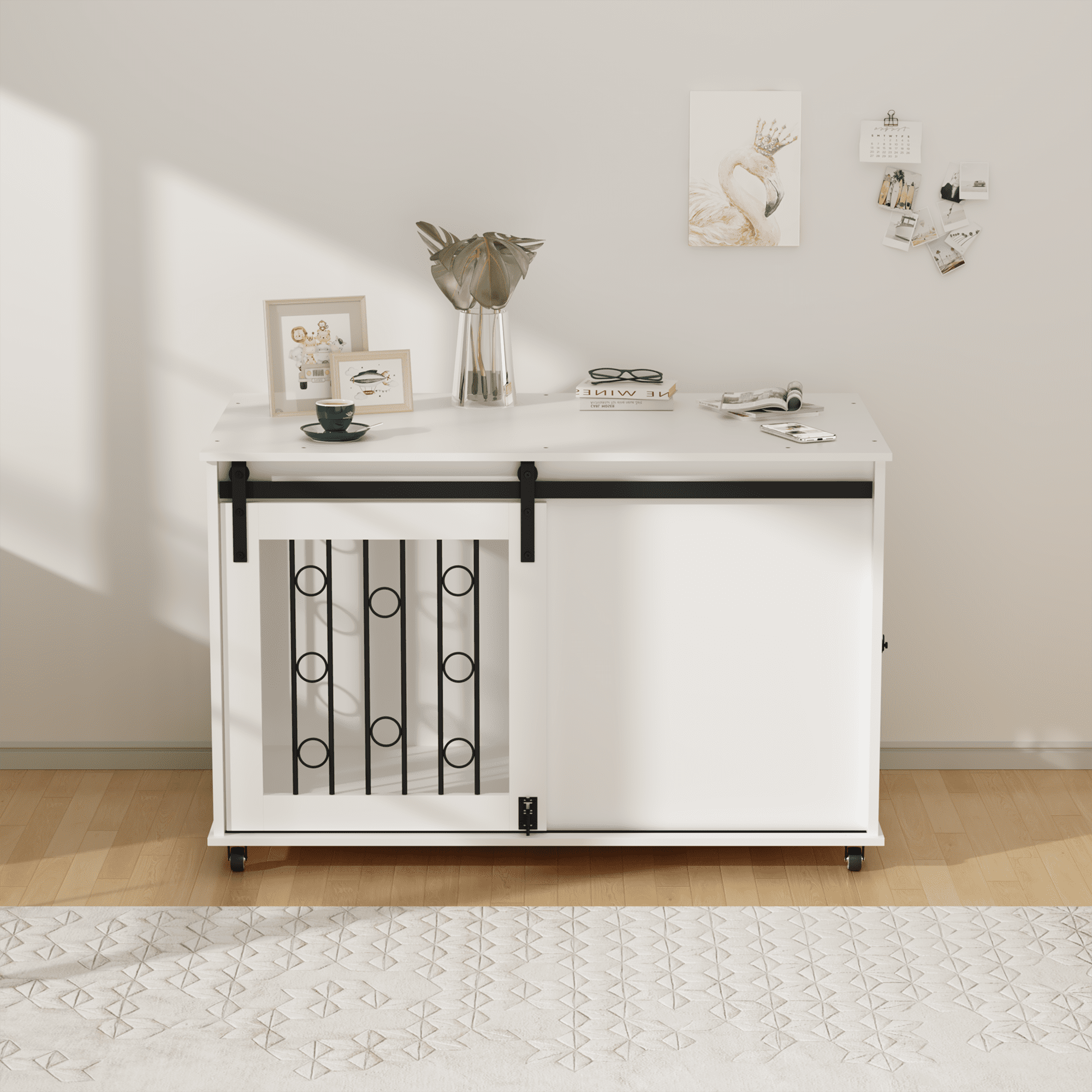 39.37" Wooden Dog Crate Furniture with Sliding Barn Door and Side Door, Indoor Dog Kennel End Table for Small to Medium Dogs, Decorative Pet Crate with Metal Bars and Lockable Wheels