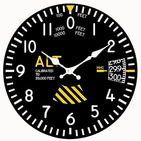 2D Flat Wooden Wall Clock,Black Altimeter Style Clock,Pilot Aircraft Altitude Measurement Decorative Wall Clock, Silent Quartz Round Wooden Clock, Suitable for Bedroom, Living Room, Office, Kitchen -