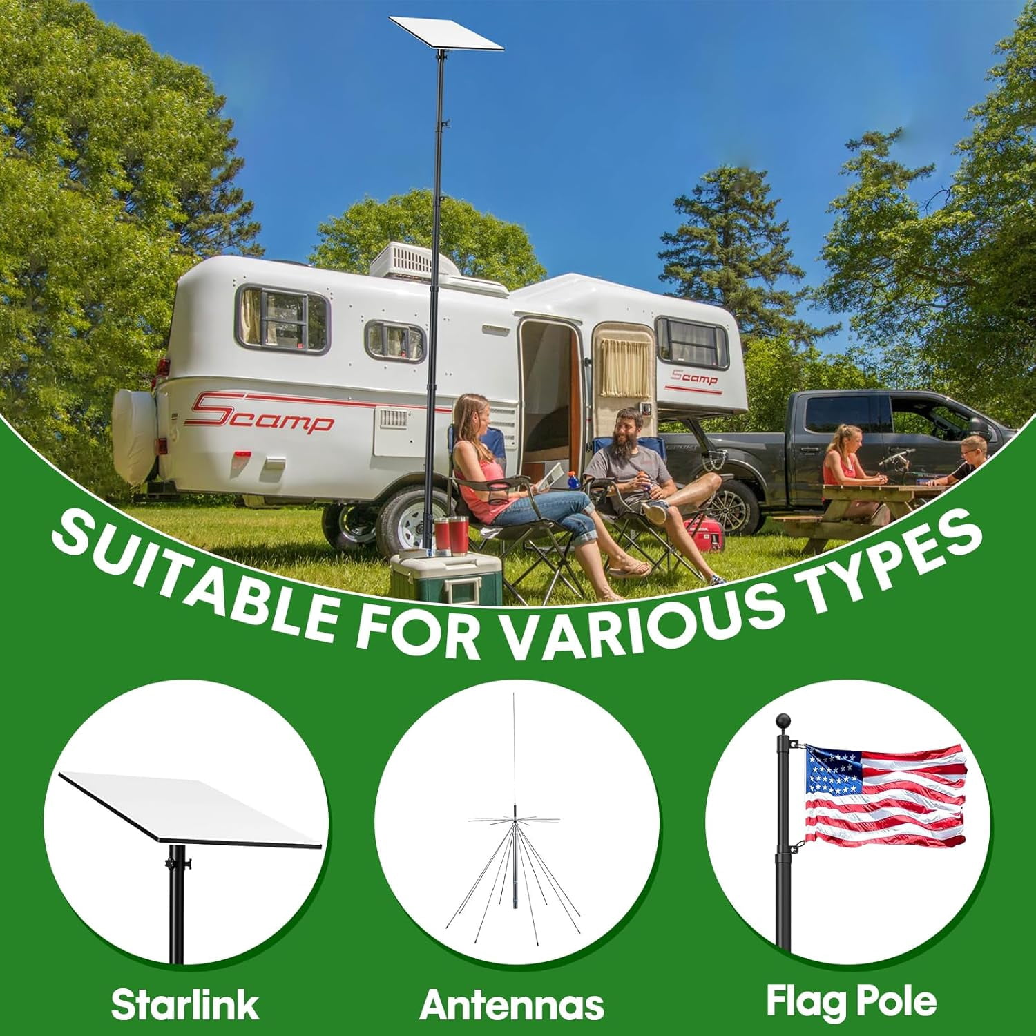 RV Telescoping Flag Pole Kit, 20 FT Heavy Duty Tailgate Flag Pole and Tire Mount Base Kit, Portable Flag Pole for Camping, Outdoor Tailgating, Party, Trailer
